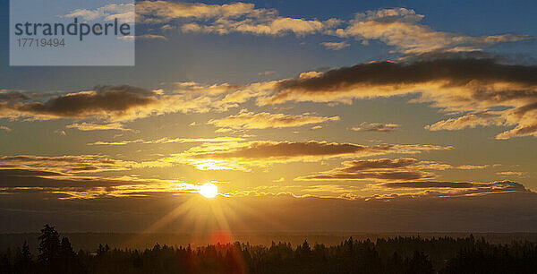 Goldener Sonnenuntergang hinter den Wolken und dem Horizont mit Sonnenstrahlen  die einen Wald überfluten; British Columbia  Kanada