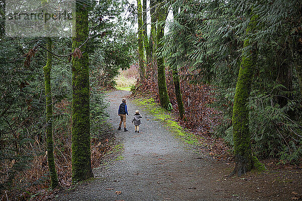 Junge Brüder gehen gemeinsam auf einem Parkweg spazieren und erkunden ihn; Aldergrove  British Columbia  Kanada