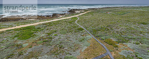 Spaziergang entlang der felsigen Küste und der Moorlandschaft am Kap Agulhas  dem südlichsten Punkt des afrikanischen Kontinents und der Seegrenze zwischen dem Indischen und dem Atlantischen Ozean im Agulhas-Nationalpark; Westkap  Südafrika