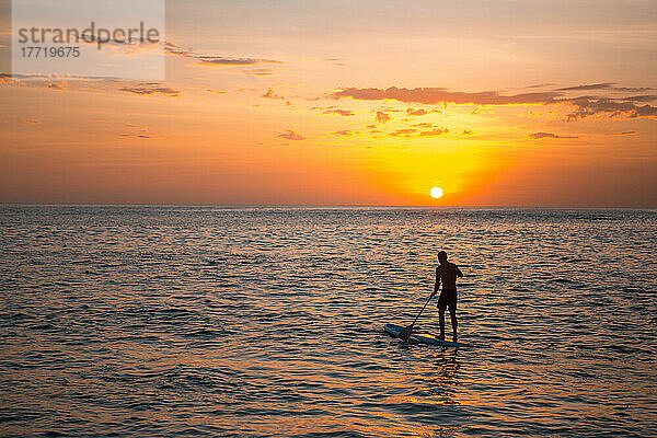 Paddelboardfahrer auf dem Pazifik bei Sonnenuntergang; Cabo San Lucas  Baja California Sur  Mexiko