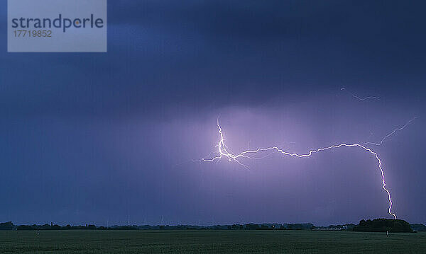 Ein Blitz schießt aus der Basis einer dunklen Gewitterwolke und schlägt in den Boden ein; Lincolnshire  England