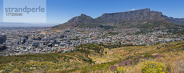 Überblick über die Skyline von Kapstadt und den Tafelberg vom Signal Hill aus; Kapstadt  Westkap-Provinz  Südafrika