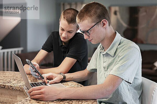 Junge erwachsene Brüder  die zu Hause gemeinsam einen Laptop und ein Smartphone benutzen; Edmonton  Alberta  Kanada