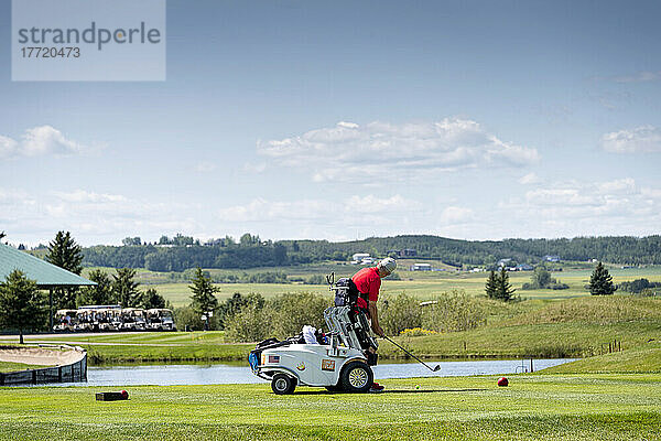 Behinderter Golfer  der einen speziellen motorisierten Hydraulik-Rollstuhl für den Golfsport benutzt; Okotoks  Alberta  Kanada