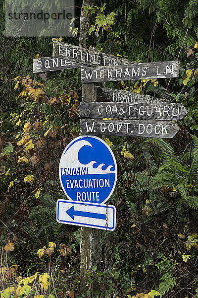 Wegweiser mit Landmarke und Tsunami-Evakuierungsroutenschildern in Bamfield auf Vancouver Island; Bamfield  British Columbia  Kanada