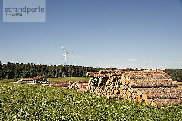 Holzeinschlag  geschnittene Baumstämme  hinten Windrad  Ammerland  Oberbayern  Bayern