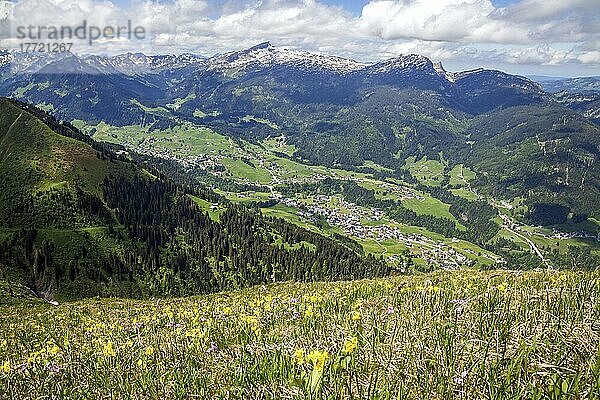 Ausblick vom Fellhorngrat auf Riezlern  Kleinwalsertal  hinten Hoher Ifen und Gottesäcker  Allgäuer Alpen  Allgäu  Vorarlberg  Österreich  Europa