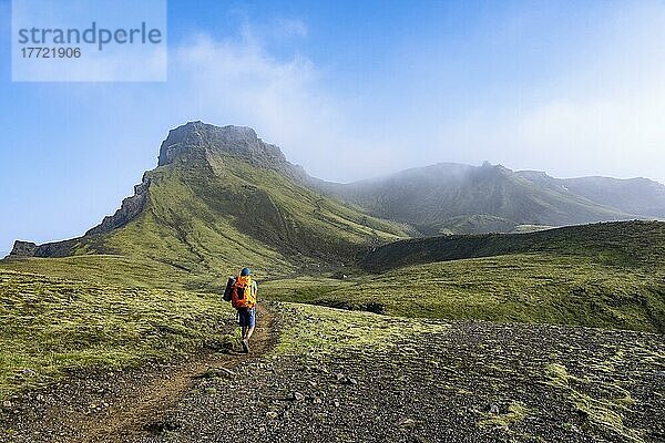 Wanderer auf Wanderweg durch mit Moos bewachsene Berglandschaft  vulkanische Landschaft am Wanderweg Fimmvörðuháls  Þórsmörk Nature Reserve  Suðurland  Island  Europa