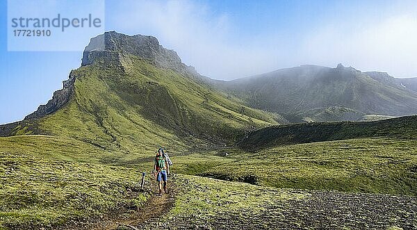 Wanderer auf Wanderweg durch mit Moos bewachsene Berglandschaft  vulkanische Landschaft am Wanderweg Fimmvörðuháls  Þórsmörk Nature Reserve  Suðurland  Island  Europa