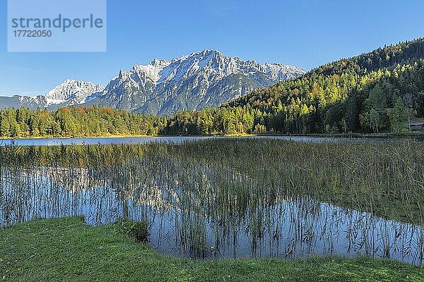 Blick über den Lautersee zum Karwendelgebirge  Mittenwald  Werdenfelser Land  Oberbayern  Deutschland  Europa