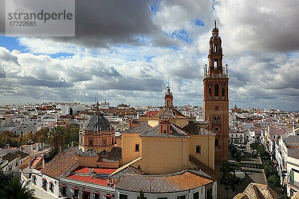 Stadt Carmona in der Provinz Sevilla  Blick vom Alkazar de la Puerta de Sevilla aud die Altstadt und die Kathedrale San Pedro  Andalusien  Spanien  Europa