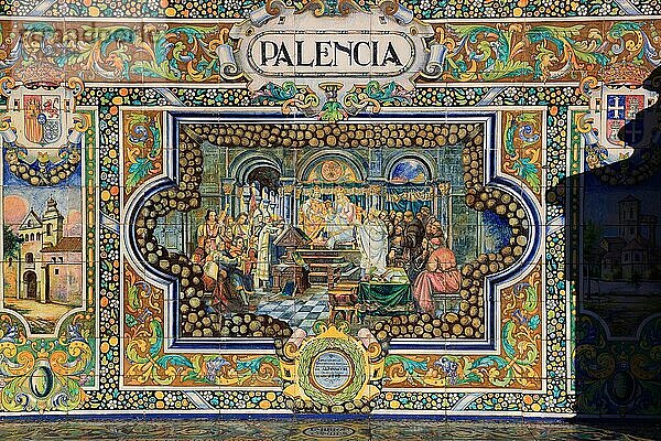 Stadt Sevilla  am Plaza de Espana  Ornamente aus Fliesen  Details der Ornamentik  die die 48 Provinzen Spaniens präsentieren  hier Palencia  Karten der Provinzen  Mosaike historischer Ereignisse  Andalusien  Spanien  Europa