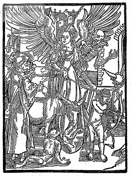 Venus  von Amor und Tod  einem Esel und Affen begleitet  hält die Menschen im Schlepptau. Aus Sebastian Brants Narrenschiff  1494  Historisch  digitale Reproduktion einer Originalvorlage aus dem 19. Jahrhundert