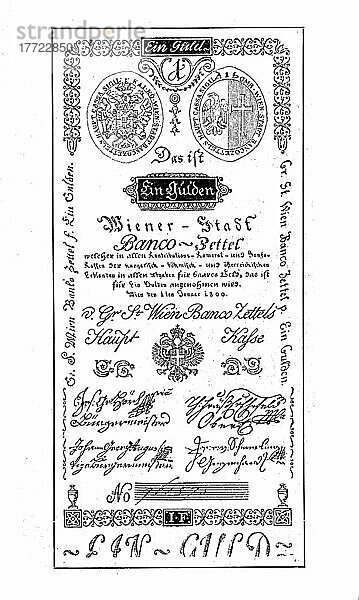 Bankozettel aus dem Jahre 1800  Bancozettel hießen die ersten Banknoten in Deutschland und Österreich  Historisch  digital restaurierte Reproduktion einer Vorlage aus dem 19. Jahrhundert