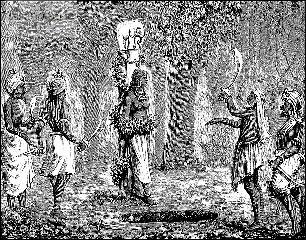 Menschenopfer bei den Khonds  Volksstamm aus Vorderindien  Frauen im 19. Jahrhundert  Historisch  digitale Reproduktion einer Originalvorlage aus dem 19. Jahrhundert