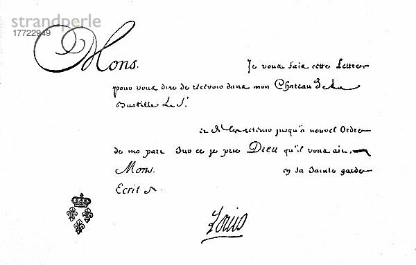 Lettre de Cachet von Ludwig XIV  in der Geschichte Frankreich vom französischen König unterzeichnete versiegelte Schreiben. Schriftliche Niederlegung eines royalen Auftrags und Willensbekundung  diese führte dann in der Folge oft zu einer Inhaftierung oder Bestrafung  Historisch  digital restaurierte Reproduktion einer Vorlage aus dem 19. Jahrhundert  genaues Datum unbekannt