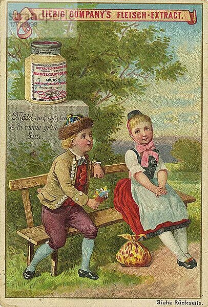 Serie Sprichworte mit Kindern  Mädel ruck an meine grüne Seite  digital restaurierte Reproduktion eines Liebig Sammelbildes von ca 1900