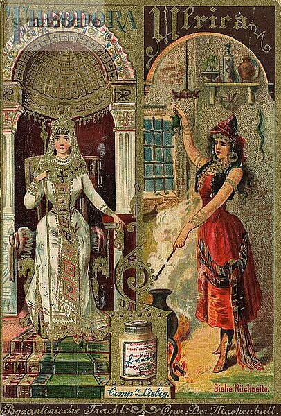 Serie Trachten und Kostüme aus der Oper  Byzantinische Tracht (Theodora) und Oper Der Maskenball  Ulrica  digital restaurierte Reproduktion eines Liebig Sammelbildes von ca 1900