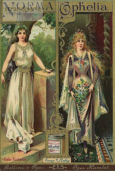 Serie Trachten und Kostüme aus der Oper  Bellini Oper  Norma und Oper Hamlet  Ophelia  digital restaurierte Reproduktion eines Liebig Sammelbildes von ca 1900