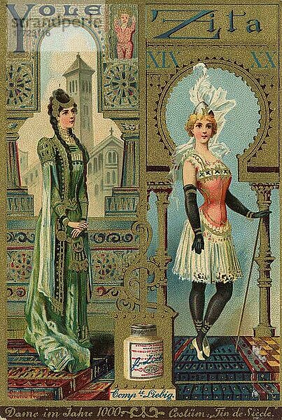 Serie Trachten und Kostüme aus der Oper  Dame im Jahre 1000  Yole und Kostüm Tin de Siecle  Zita  digital restaurierte Reproduktion eines Liebig Sammelbildes von ca 1900