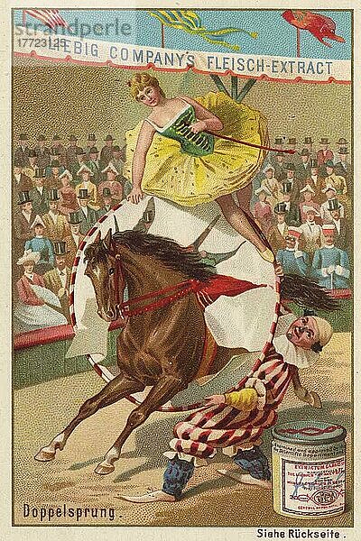 Serie Pferdedressur im Zirkus  Doppelsprung  Reiterin und Pferd springen durch einen Ring  digital restaurierte Reproduktion eines Liebig Sammelbildes von ca 1900