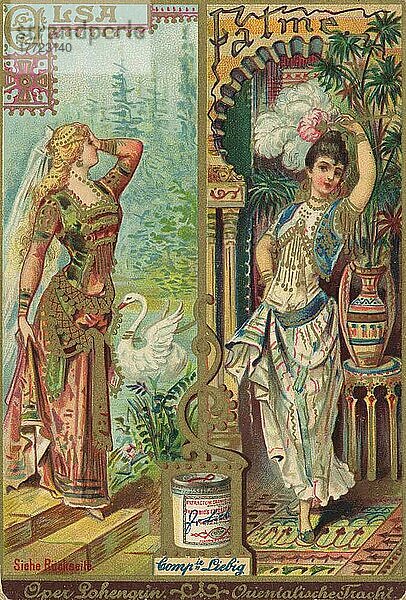 Serie Trachten und Kostüme aus der Oper  Oper Lohengrin  Elsa  und orientalische Tracht  Fatme  digital restaurierte Reproduktion eines Liebig Sammelbildes von ca 1900