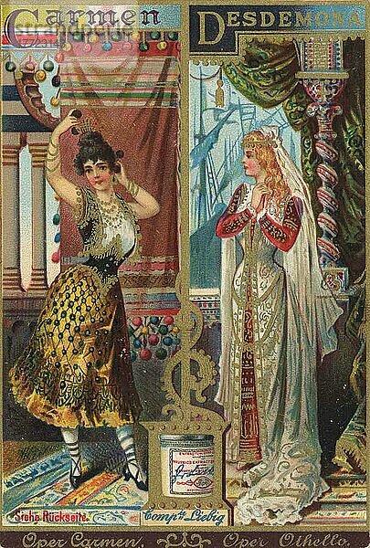 Serie Trachten und Kostüme aus der Oper  Oper Carmen und Oper Othello  Desdemona  digital restaurierte Reproduktion eines Liebig Sammelbildes von ca 1900