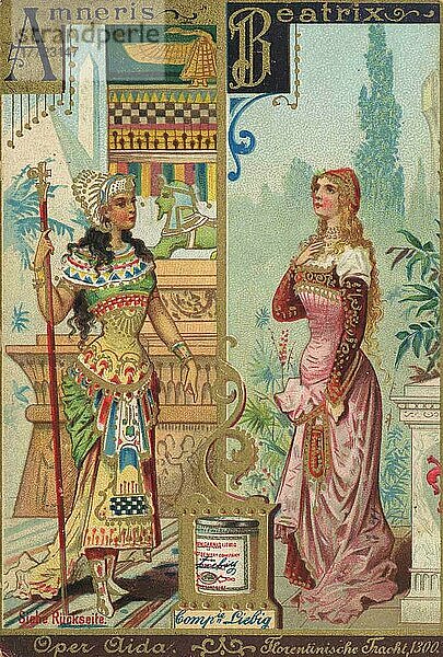 Serie Trachten und Kostüme aus der Oper  Oper Aida  florentinische Tracht  von Amneris und Beatrix  digital restaurierte Reproduktion eines Liebig Sammelbildes von ca 1900