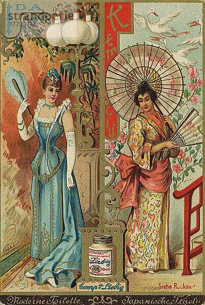 Serie Trachten und Kostüme aus der Oper  Moderne Toilette  Ida und japanische Tracht  Kemcu  digital restaurierte Reproduktion eines Liebig Sammelbildes von ca 1900