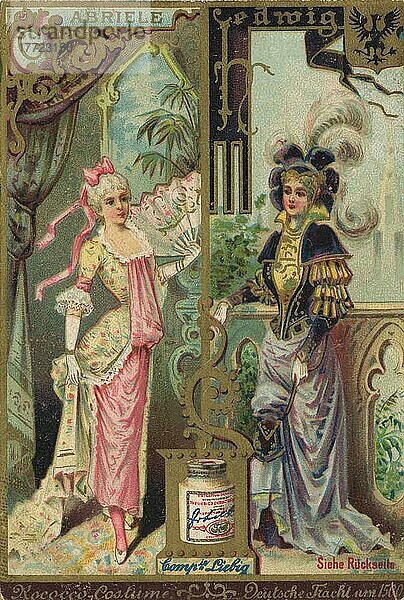 Serie Trachten und Kostüme aus der Oper  Rokokkokostüm  Abriele und deutsche Tracht um 1560  Hedwig  digital restaurierte Reproduktion eines Liebig Sammelbildes von ca 1900