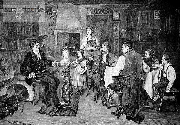 Szene in einer bürgerlichen Wohnstube im 19. Jahrhundert. Ein Mann am Spinnrad  die Familie am Tisch beim Essen  Historisch  digital restaurierte Reproduktion einer Vorlage aus dem 19. Jahrhundert  genaues Datum unbekannt