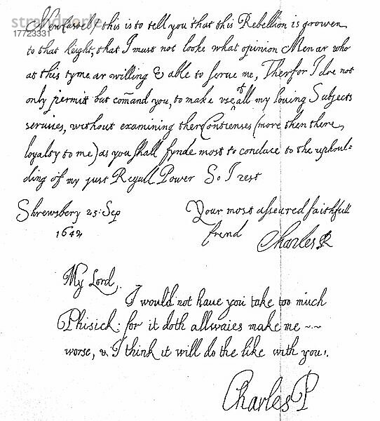 Ein Brief von König Karl I. von Großbritannien  vom 25. September 1642  Historisch  digitale Reproduktion einer Originalvorlage aus dem 19. Jahrhundert