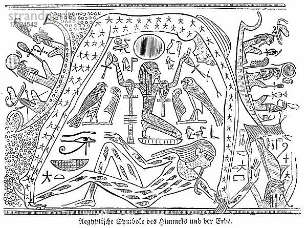 Ägyptische Symbole des Himmels und der Erde  Hieroglyphen  Menschen  Schiffe  Vögel  Bibel  Altes Testament  Erste Buch Mose  Ägypten  historische Illustration 1850  Afrika