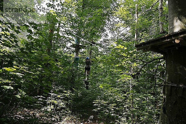 Abenteuerpark  Waldseilgarten  Kletterwald Kletterelement  Frau mit Helm  Bewegung  im Grünen  Lichtenstein  Baden-Württemberg  Deutschland  Europa