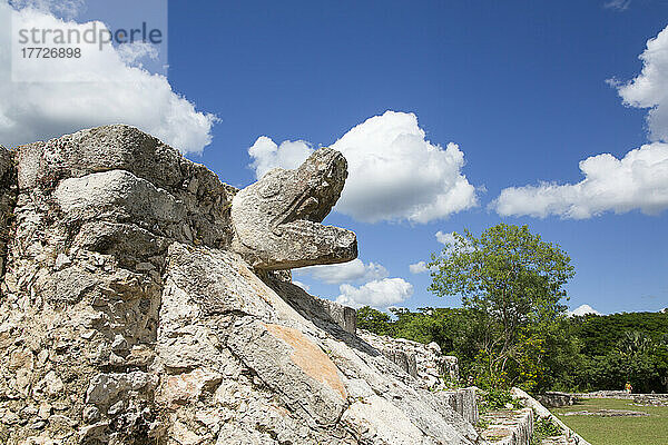 Stone Serpent Head  Temple of the Warriors  Mayan Ruins  Mayapan Archaeological Zone  Yucatan State  Mexico  North America