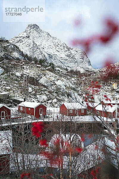 Rote Rorbu-Hütten  umrahmt von schneebedeckten Bergen im Winter  Nusfjord  Kreis Nordland  Lofoten  Norwegen  Skandinavien  Europa