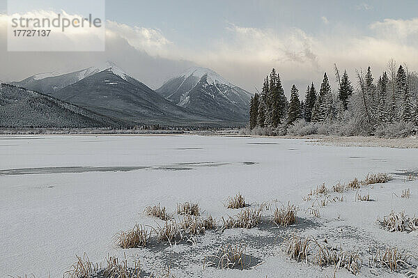 Mit Schnee und Eis bedeckte Berge auf den Vermillion Lakes  Banff-Nationalpark  UNESCO-Weltkulturerbe  Alberta  Kanadische Rocky Mountains  Kanada  Nordamerika