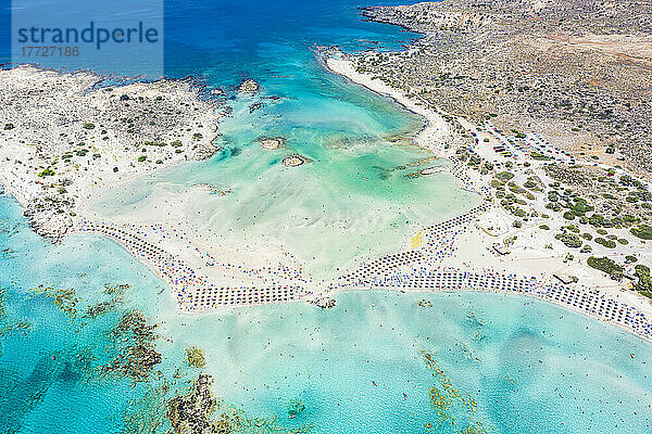 Aerial view of the equipped Elafonissi beach set in the unspoiled turquoise lagoon  Crete island  Greek Islands  Greece  Europe