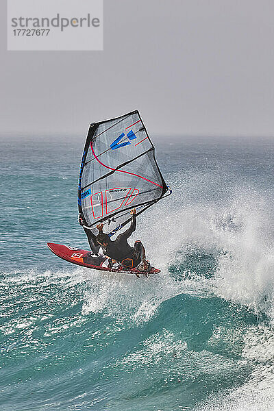 Wind-surfing on Atlantic rollers at Ponta Preta  southwest coast of Sal  Cape Verde Islands  Atlantic  Africa