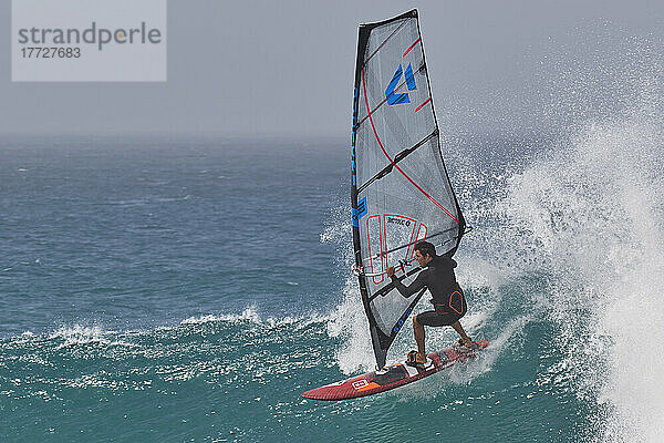 Wind-surfing on Atlantic rollers at Ponta Preta  southwest coast of Sal  Cape Verde Islands  Atlantic  Africa