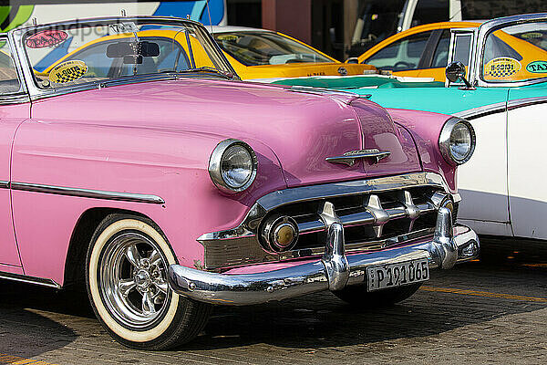 Nahaufnahme eines rosafarbenen amerikanischen Oldtimer-Taxi  Havanna  Kuba  Westindische Inseln  Mittelamerika