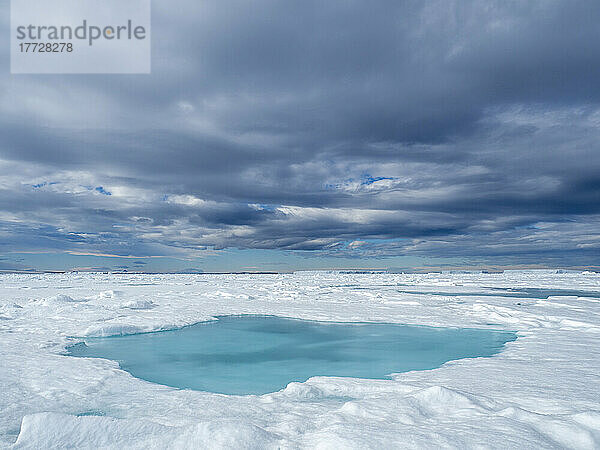 Ein Schmelzwasserbecken auf einjährigem Meereis in der Nähe von Snow Hill Island  Weddellmeer  Antarktis  Polarregionen