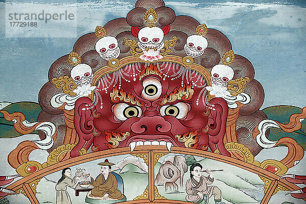 Das Rad des Lebens (das Bhavacakra)  eine symbolische Darstellung von Samsara  Yama  dem Gott des Todes  Kloster Pema Osel Ling  Dakshinkali  Kathmandu  Nepal  Asien
