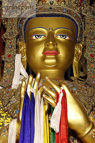 Golden Sakyamuni Buddha in a cloister prayer hall  Kathmandu  Nepal  Asia