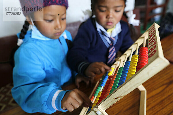 Primary school  students learning to count on an abacus  Charikot  Dolakha  Nepal  Asia