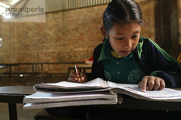 Primary school  girl in classroom  Kathmandu  Nepal  Asia