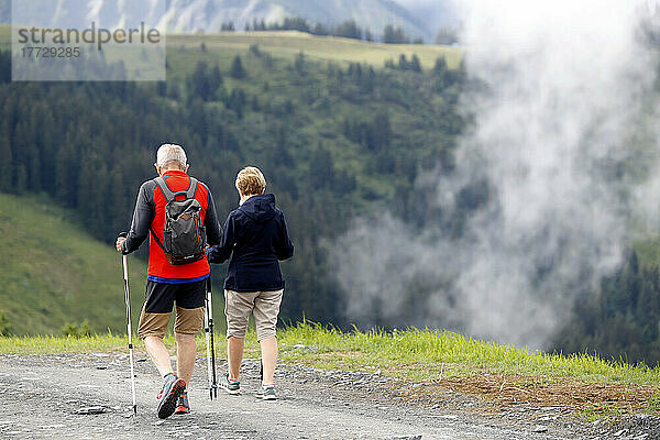 Mountain hikers in summer in the French Alps  Haute-Savoie  France  Europe