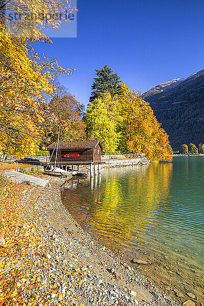 Haus auf Stelzen am Ufer des Puschlavsees im Herbst  Valposchiavo  Kanton Graubünden  Schweiz  Europa