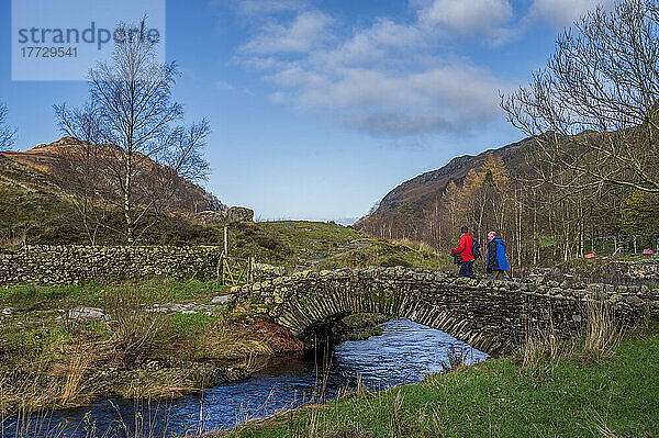 Packesel-Steinbrücke über Watendlath Beck  Watendlath Tarn  Nationalpark Lake District  UNESCO-Weltkulturerbe  Cumbria  England  Vereinigtes Königreich  Europa