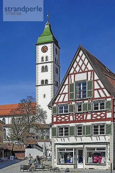 Turm der St. Martins Kirche und Fachwerkhaus mit Antoniusbrunnen von Werner Gürtner in der historische Altstadt am Saumarkt  Wangen im Allgäu  Baden-Württemberg  Deutschland  Europa